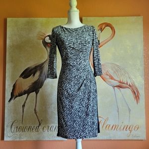 Lauren Ralph Lauren Dress Stretch Fitted Ruching Print Black White Sleeves 6